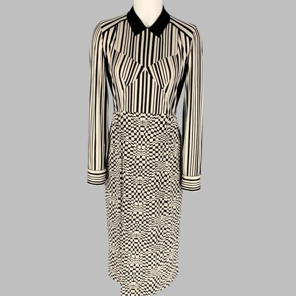 MARC JACOBS Size 2 Black White Silk Graphic Long Sleeve Midi Dress - Picture 1 of 6